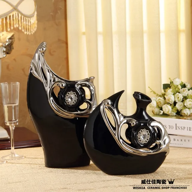 Modern Porcelain Flower Vases Decoration For Home Black With Silver Modern Porcelain Flower Vases Decoration For Home Black With Silver Ceramic Vase 2 Pieces Decorative Vessels