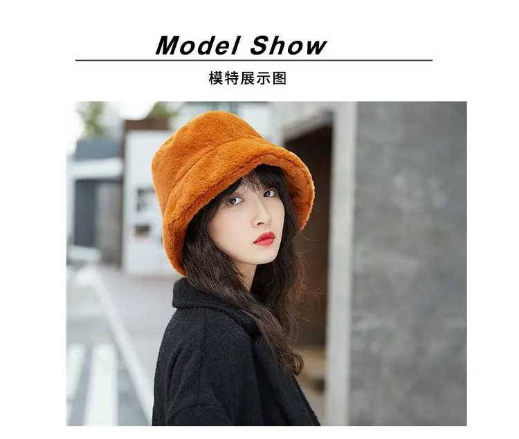 Fur Thick Warm Winter Bucket Hat Women Solid Color Girls Flat Top Velvet Fedoras Ladies Plush Bob Feminios Fashion Gorras