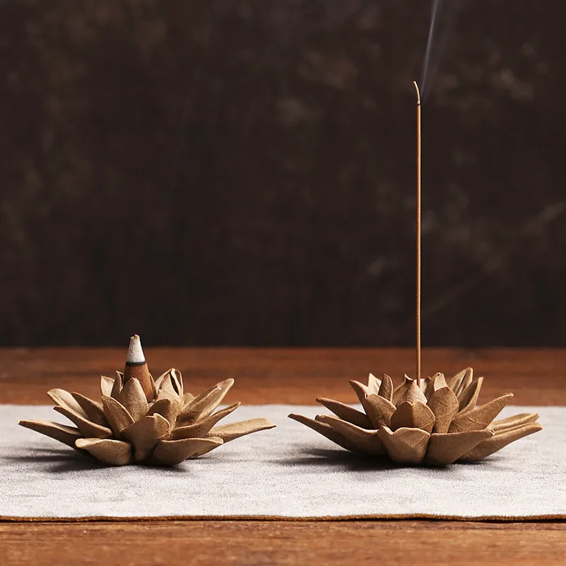 Pottery Handmade Lotus Incense Stick Burner Chinese Antique Incense Cones Holder Home Decor Sandalwood Base Aromatherapy Censer