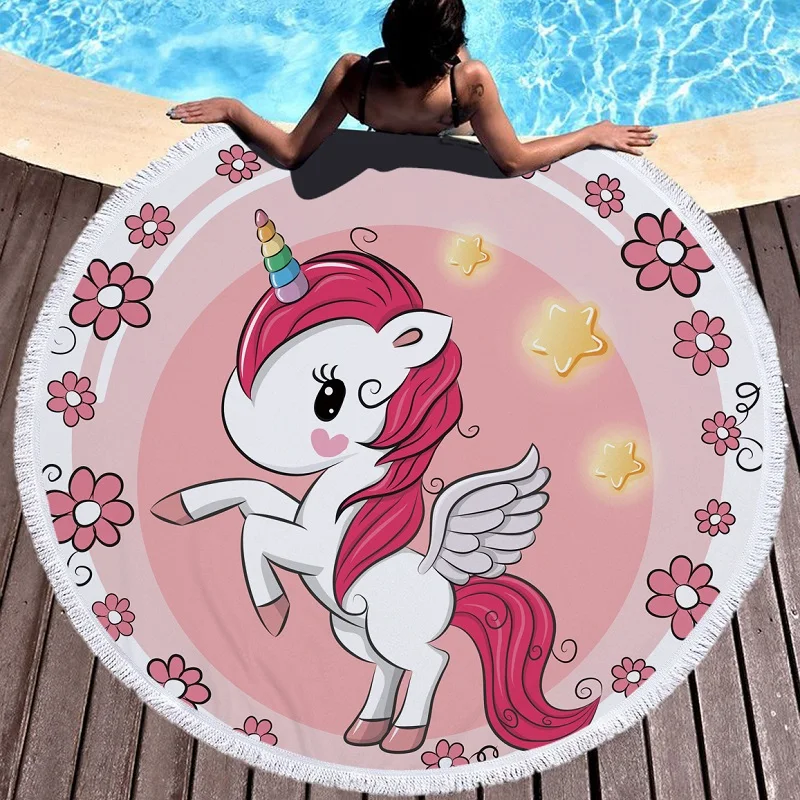 Microfiber Round Beach Towel Rainbow Unicorn Tassel Tapestry Yoga Mat Kid Cartoon Pink Towels Blanket Large 150cm Bath Towel