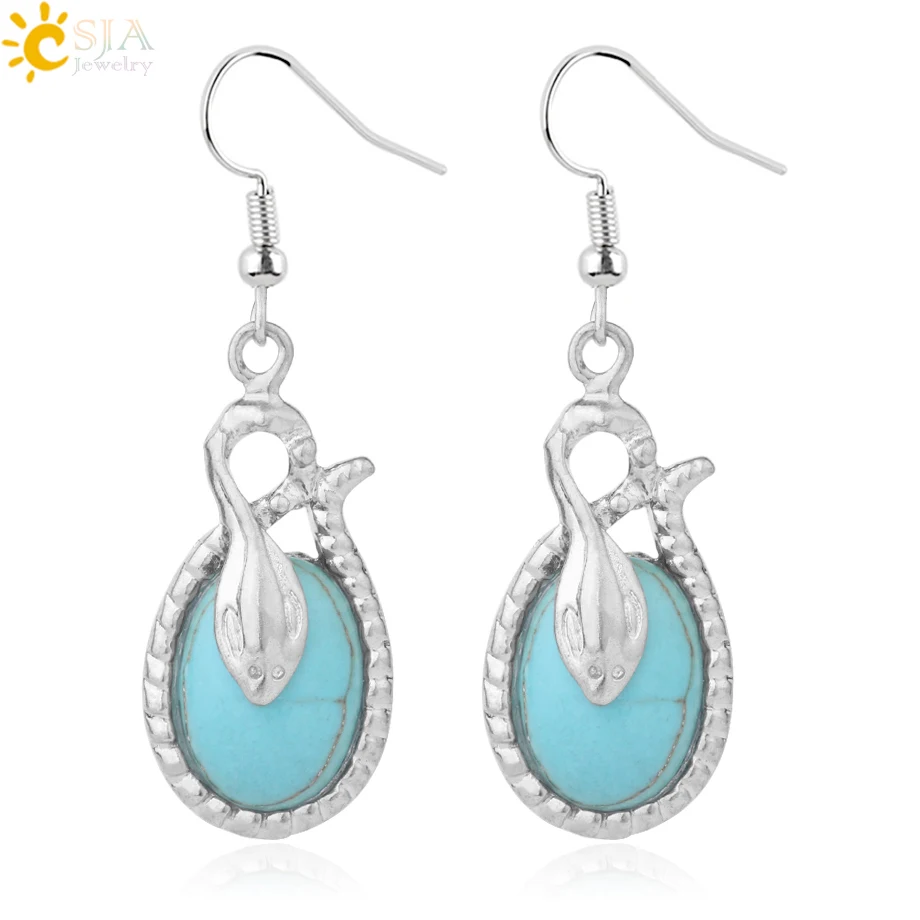 

CSJA Retro Green Turquoises Earrings Animal Snake Small Charm Oval Stone Dangle Drop Earring for Women Girl Fashion Jewelry F934
