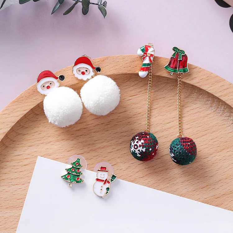 

Fashion Women Cute Cartoon Accessories Christmas Trees Snowmen Santa Claus Dangle earrings Pompon Ball Brincos Chrismas Gifts