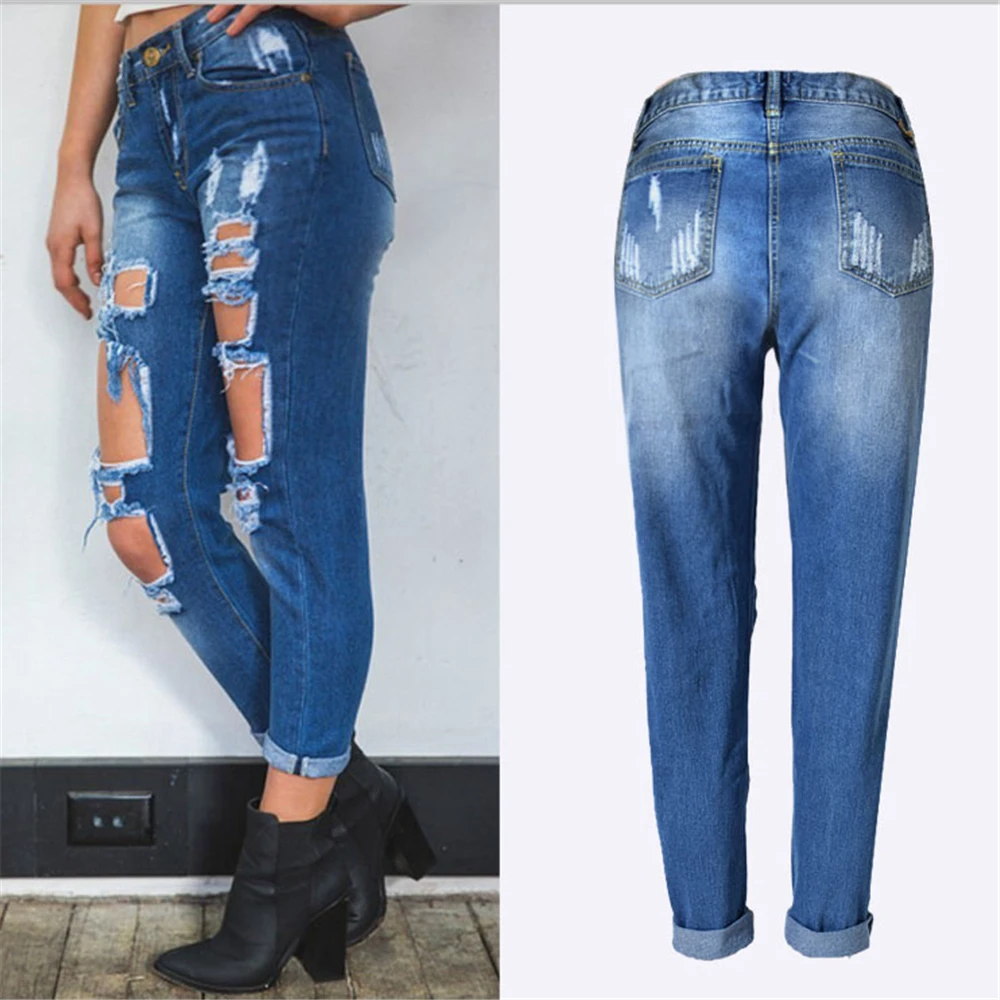 

Autumn Ripped Jeans Female Casual Washed Holes Boyfriend Jeans For Women Torn Jeans Denim Pants