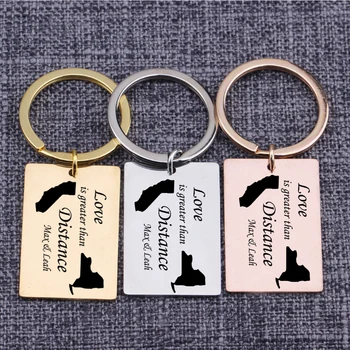

Long Distance Love Keychain Personality Customized Lover Name Key Ring Love Is Greater Than Distance Map Keychain Couple Gift