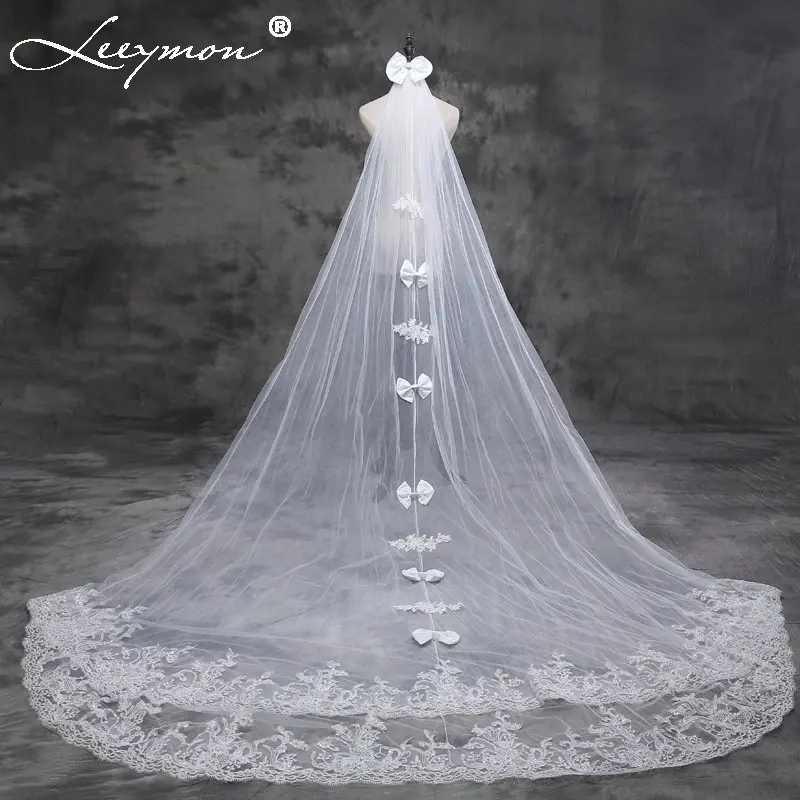 Real New Lace Edge White Bride Veil with Bow Wedding Accessories