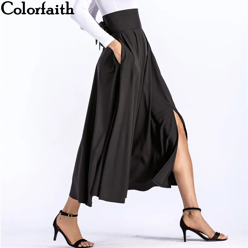 Ceny Colorfaith 2019 kobiety szczelina długa długa spódnica w stylu Vintage moda damska plisowane kieszenie rozkloszowane zasznurować łuk Plus rozmiar 4XL spódnica SK8831