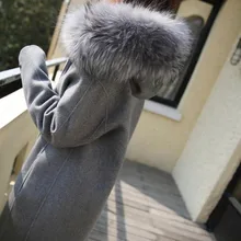 Chic Women Wool Blend Coat Fur Collar Hooded Trench Zip Thicken Overcoat Outwear Long Gray E308 wool blend duffle hooded coat