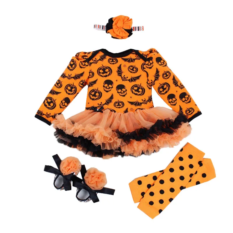 

Halloween Outfits Infant Baby Girls Pumpkin Romper Bodysuit+Pants Leggings Headband Shoes 4 Pieces Newborn Clothes Set