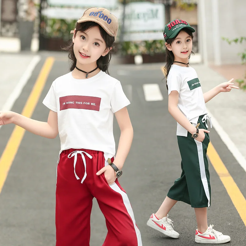 

Girls Clothing Kids Cotton T-shirt +Cropped Pants 2Pcs Girls Summer Sports Set Children Short Sleeve Clothes