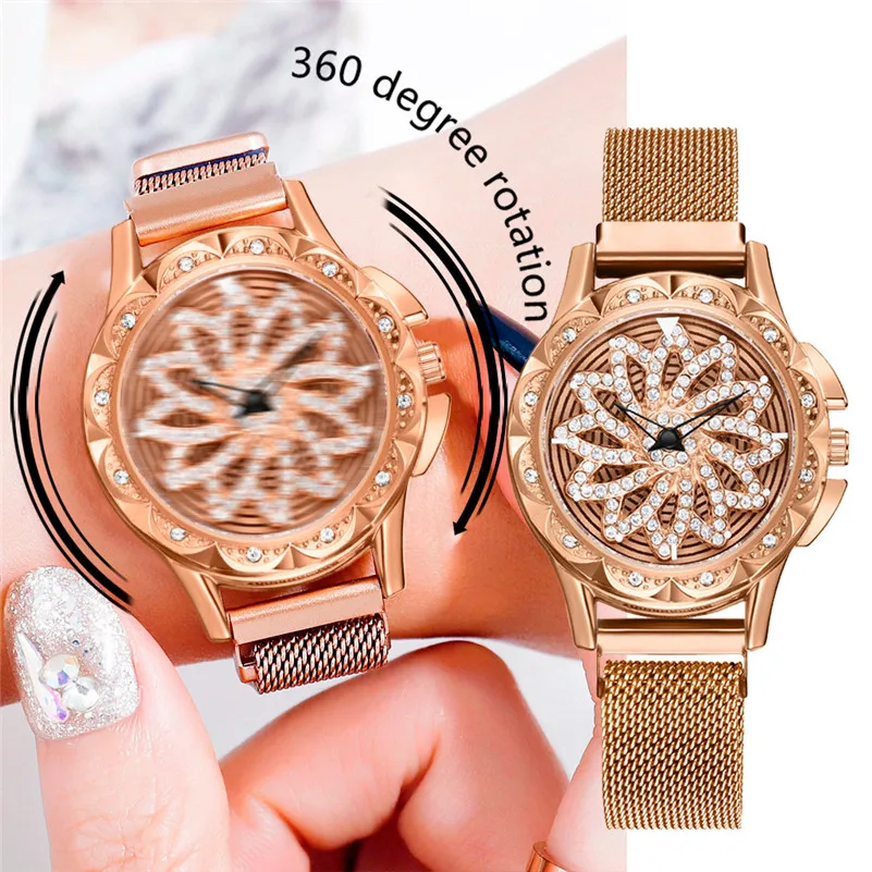 

Fashion Women Watches 360 Degree Rotating Diamond Dial Ladies Quartz Watch Women Mesh Belt Wrist Watch Dropshipping Gifts /D