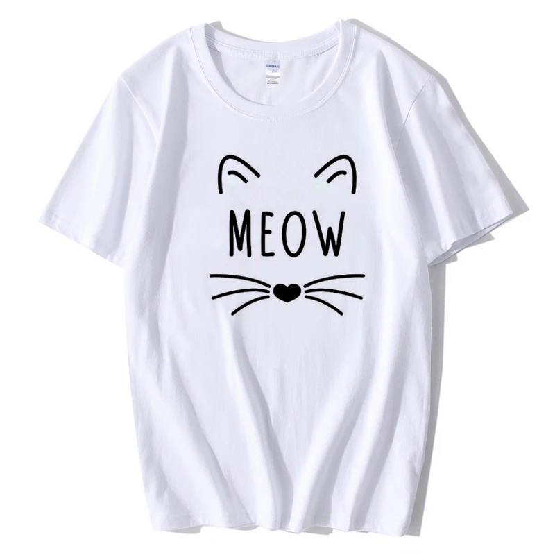 Кошка мяу Kawaii принт Для женщин футболка смешные изделия из хлопка для Леди Топ