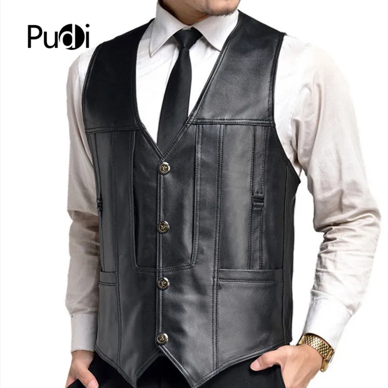 

PUDI 2018 Men new fashion genuine sheep leather men's vest winter warm business casual outwear