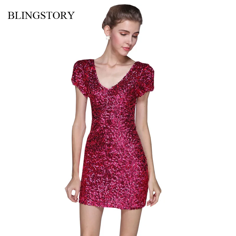 

BLINGSTORY Short sleeve sequin women vestidos club European style Glitter dress evening party KR3022