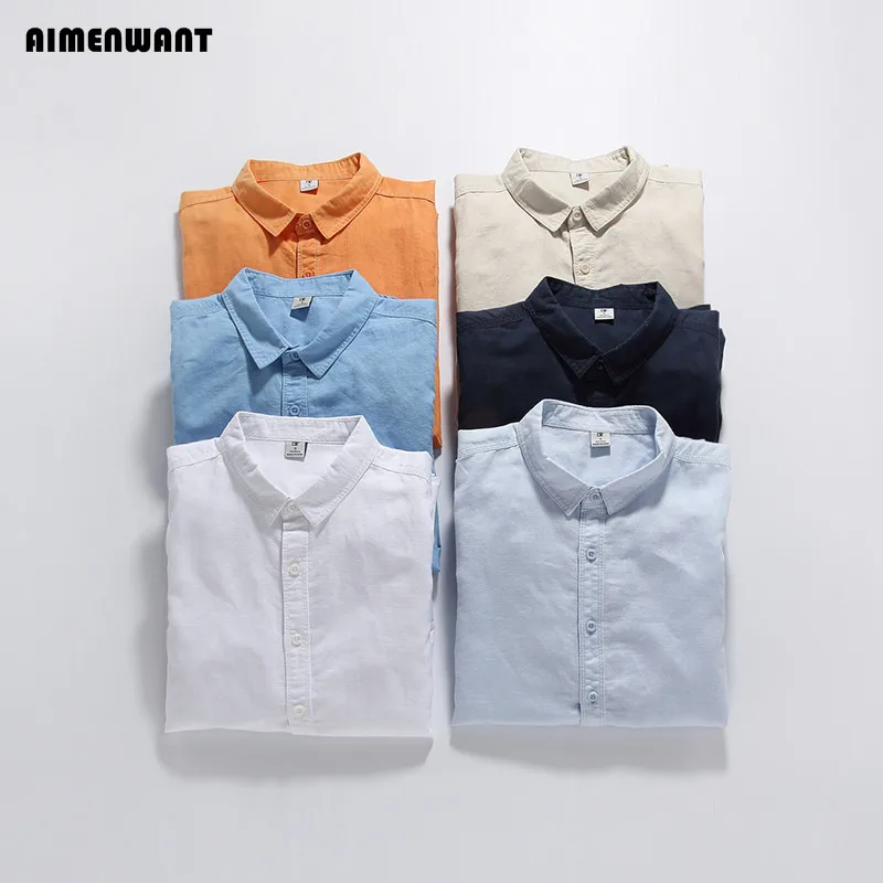 Achat AIMENWANT D été occasionnels mâle blanc chemise en lin hommes de plus la taille mince solide couleur manches longues chemises en coton lin en gros
