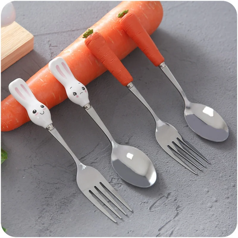 

Knife Scoops Dishes Tableware Dinnerware Set Plates Stainless Steel Dinner For Children Kids School 1pc Rabbit Carrot