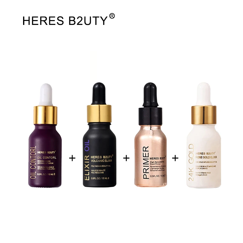 

HERES B2UTY Primer Makeup Set Unicorn Essence+ELIXIR Oil+24K Fluid Primer+24K Gold Rose Gold Infused Beauty Oil 15ml 4pcs/Set