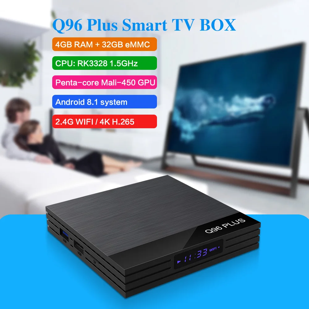 

Q96 Plus Smart TV BOX Android 8.1 RK3328 4GB RAM 32GB ROM BT 4.0 Set Top Box USB 3.0 2.4G WIFI 4K H.265 TV BOX NEWEST