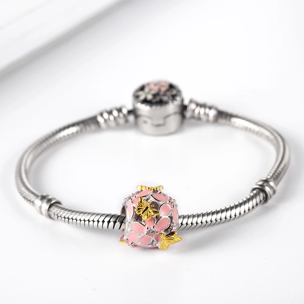

RainMarch Pink Flower Beads Fits Pandora Charms Bracelets Original 925 Silver Butterfly Charms Women Jewelry Making Dropshipping