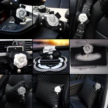 Camellia Flower Leather Car Headrest Pillow Car Waist Cushion Rose Flower Women Car Neck Waist Pillow