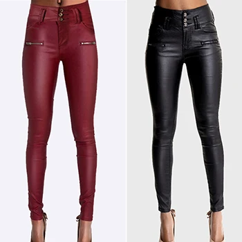 Весна, поддельные женские кожаные брюки, цвет красного вина, длинные штаны, женские брюки, узкие брюки-карандаш, женские черные брюки
