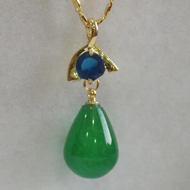 

NEW ! fancy lady's 12*16mm green jade pendant+18KGP metal with blue crystal decorated