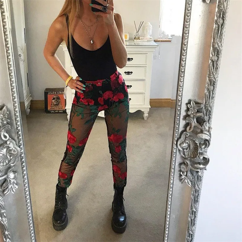 Fashion Sexy Women Flower Embroidery Mesh Pants Transparent See Through Mesh Pants Sheer High Waist Skinny Pants Pencil Trousers Pants