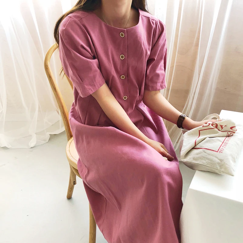 

Single breasted French style puff sleeve cotton dress chic