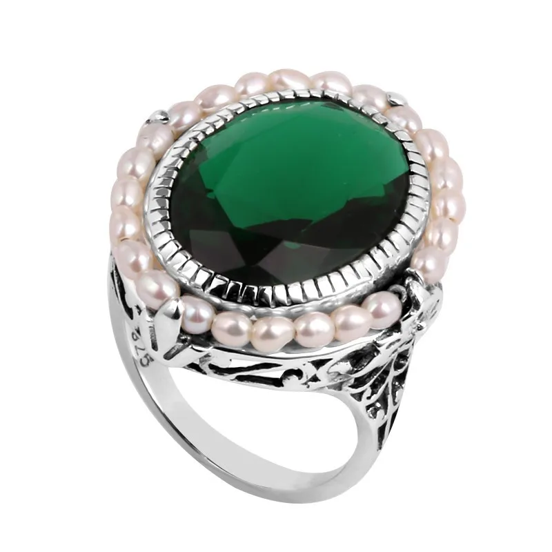Szjinao Оптовая Продажа Модные украшения 100% натуральный жемчуг вырезка антикварные зеленый изумруд для женщин кольцо из стерлингового
