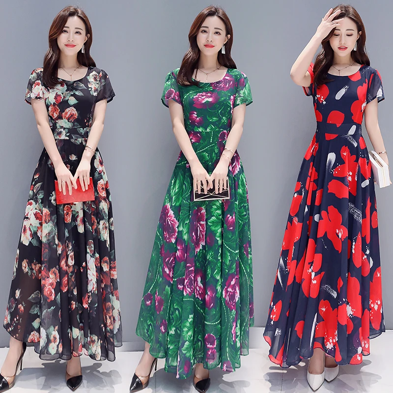

Plus Size Fashion Chiffon Print Maxi Dress for Women 2019 Casual O-neck 4XL Beach Boho Vintage Party Party Long Dresses Vestidos