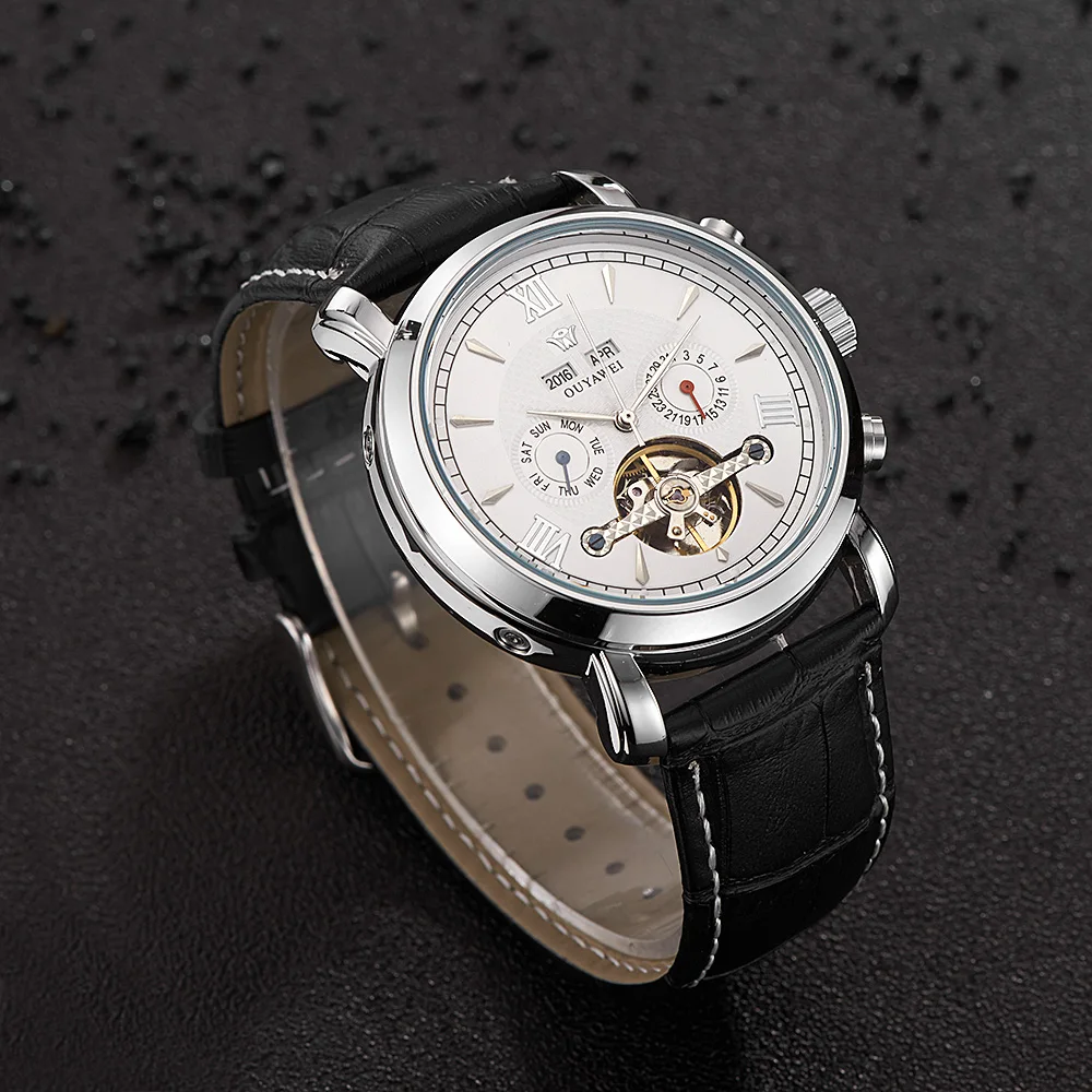 OUYAWEI رجالي ساعات أعلى العلامة التجارية الفاخرة تقويم كامل حذافة الطلب التلقائي الميكانيكية ساعة معصم حزام جلد Fragrances