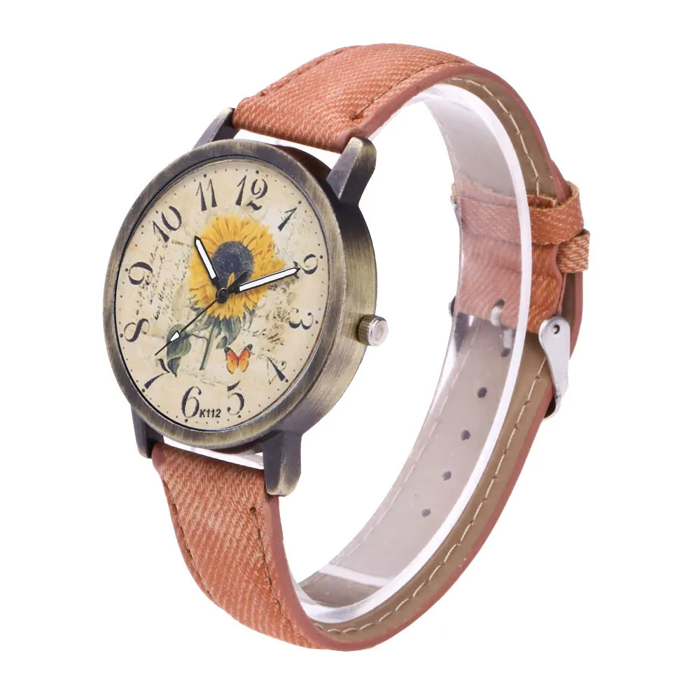 Новые женские часы кожаный ремешок винтажный Подсолнух принт Круглый циферблат женские наручные часы Мода кварц часы женские часы# B