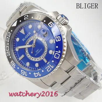 

43mm Bliger blue dial Luxury Rotating ceramic Bezel GMT Bracelet Clasp Date Sapphire glass Automatic Mechanical men's Wristwatch