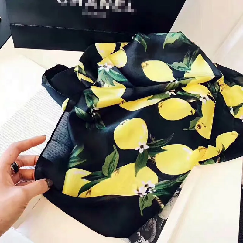 Дизайн лимонный фруктовый шелковый шарф с рисунком Женская модная Роскошная шаль 180x90 см дорожная Солнцезащитная шаль для женщин