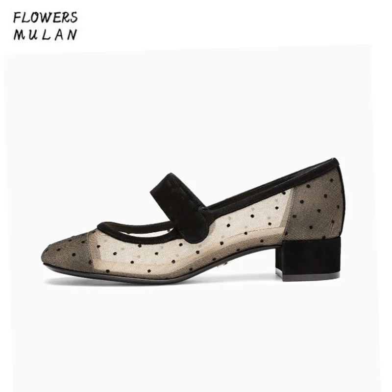 

Mixed Color Polka Dot Mesh Upper Girl Nude Shoes Square Toe Black Suede Buckle Mary Janes Shoes Middle Chunky Heel Shoes Women