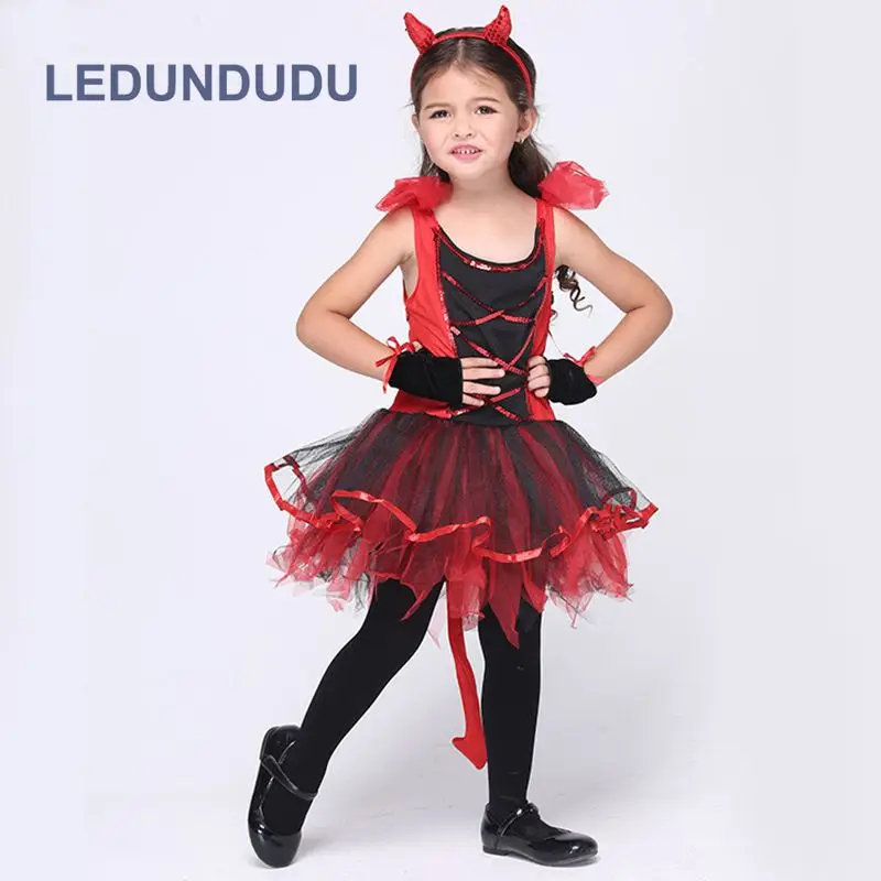 Kids Little Devil Halloween Party Cosplay Costume Girls Red Horror Phantom Cosplay Dress with Arrows Tail (6)