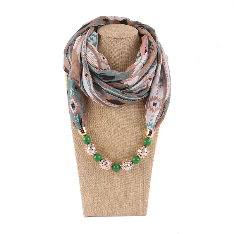 Многоцветный шифон печати вышитый бисером кулон шарф Элегантная Леди ожерелье платок, шаль мусульманские женские теплые хиджаб ювелирные изделия Шарфы