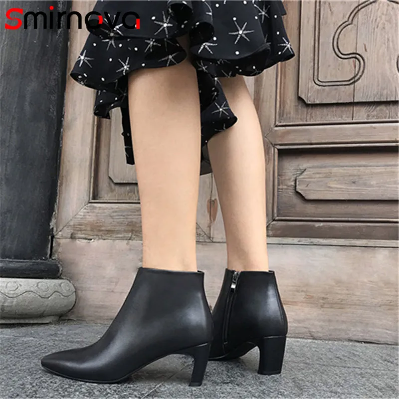 

Smirnova TOP quality woman leather high boots 2020 elegant pointed toe genuine leather boots simple zipper ankle boots ladies