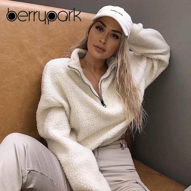 

BerryPark High Quality Fleece Hoodie Sweatshirt 2019 Winter Women Flannel Tennis Jacket Long Sleeve Outdoor Sport Velvet Coat