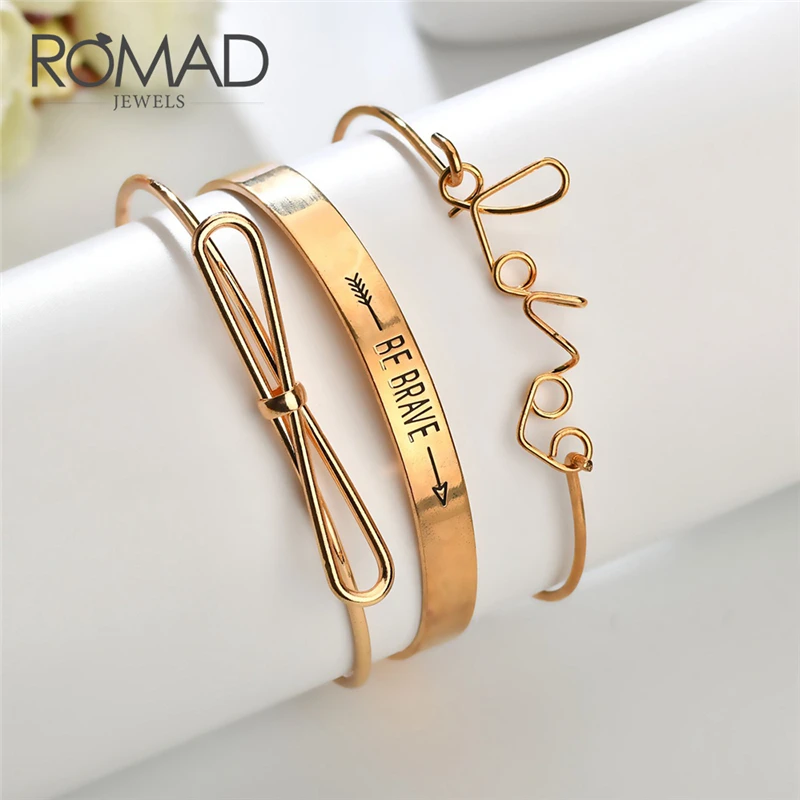

ROMAD 3Pcs/set Fashion Simple Gold Silver Color Women Bracelets Set Bow knot BE BRAVE Lettering Open Cuff Bangles Jewelry R5
