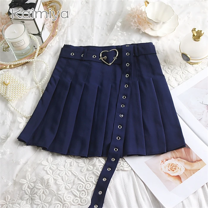 New Summer Women Pleated Skirt High Waisted Heart Shape Sashes Women Pleated Short Skirt High Quality