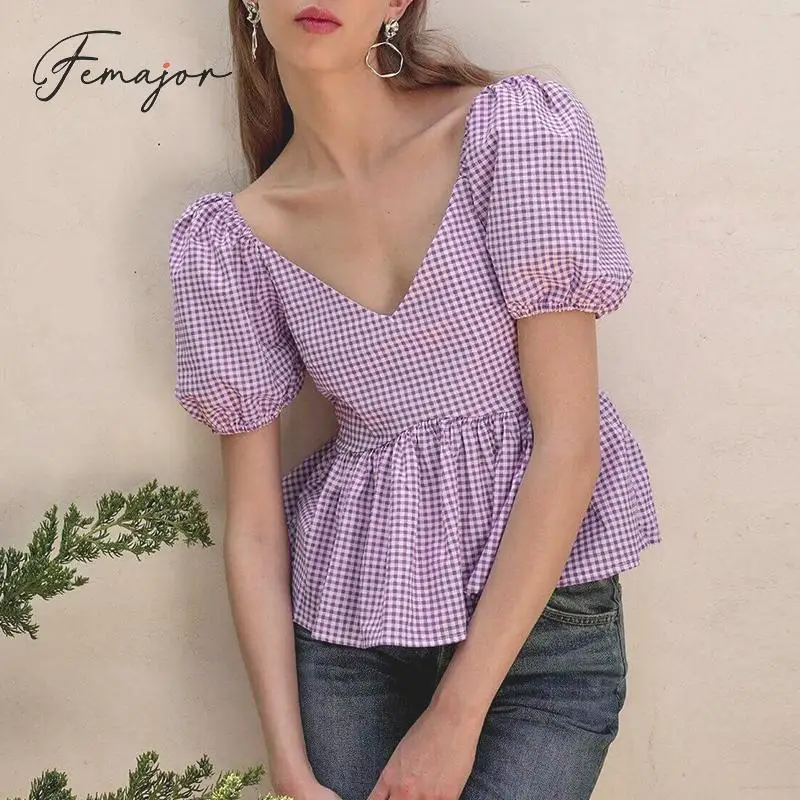 Femajor Women Autumn Fashion V Neck Crop Tops and Blouse Female Purple Plaid Puff Sleeves Short Shirt Mujer Chic Slim Blusa |