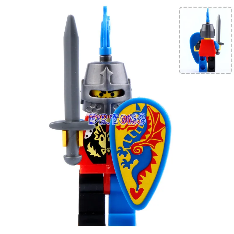 DR TONG Super Heroes Medieval Castle Blue Knight Heavy Shield with Weapons Figures Building Blocks Figure
