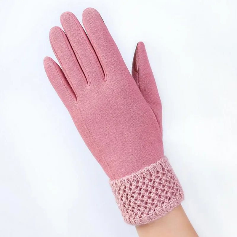 Элегантные женские кружевные Спортивные Перчатки для фитнеса и велоспорта, женские зимние теплые кашемировые перчатки на весь палец, черные перчатки для сенсорного экрана, варежки 16C - Цвет: C Pink