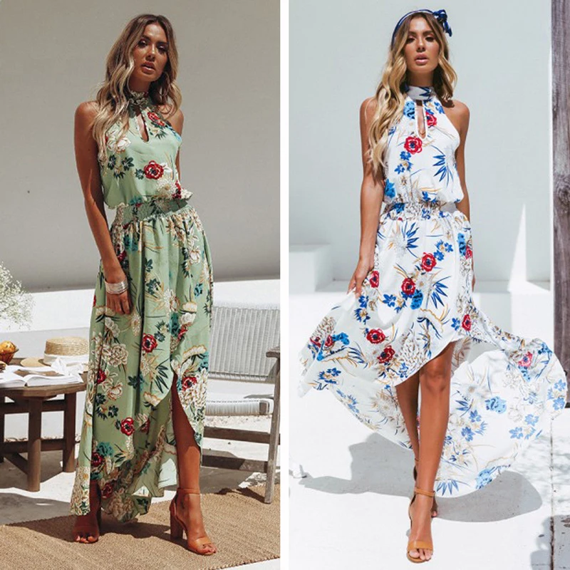 

Women arrival Sweet Elegant Summer Dress 2 Style Floral Print Ruffles Sleeveless Halter High Waist Ankle-length Dress Size S-XL