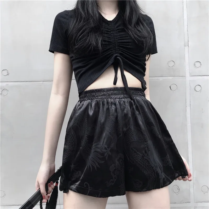 

Lychee Casual Drawstring Summer Women Shorts Harajuku Dragon Satin Wide-leg Women Shorts High Waist Solid Color Lady Shorts