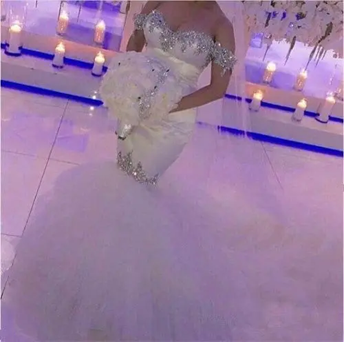 

Hot Selling Off-the-shoulder Mermaid Wedding Dresses 2019 Court Train Luxury Crystal Rhinestone Tulle Bridal Gowns wedding gown