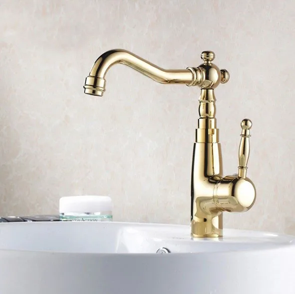 

Luxury Gold Color Brass Basin Faucets Deck Mounted Single Handle Bathroom Basin Mixer Tap Hot & Cold Water zgf005