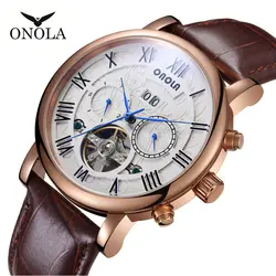 Высокое качество ONOLA Натуральная Мода для мужчин автоматические механические часы Бизнес Спортивные кожаный ремешок для часов