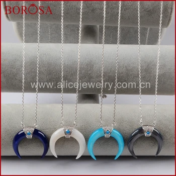 

BOROSA New CZ Micro Pave Rainbow Shell Horn Pendant Necklace,Natural Shell Crescent Connector 28'' Silver Chain Necklace WX578