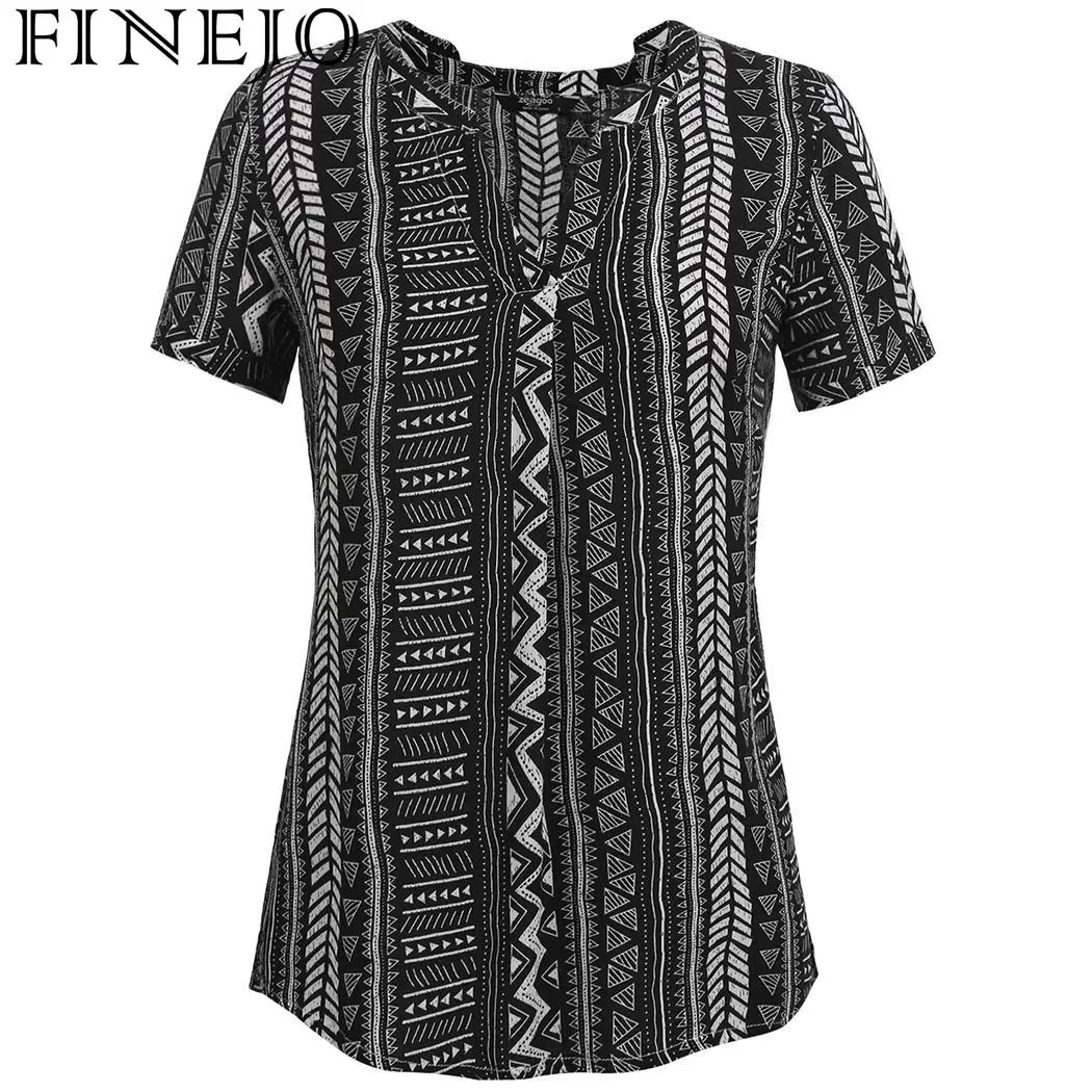 FINEJO Short Casual V-Neck Women Sleeve Prints Asymmetrical Hem Sexy T-shirt Tops FINEJO Short Casual V-Neck Women Sleeve Prints Asymmetrical Hem Sexy T-shirt Tops